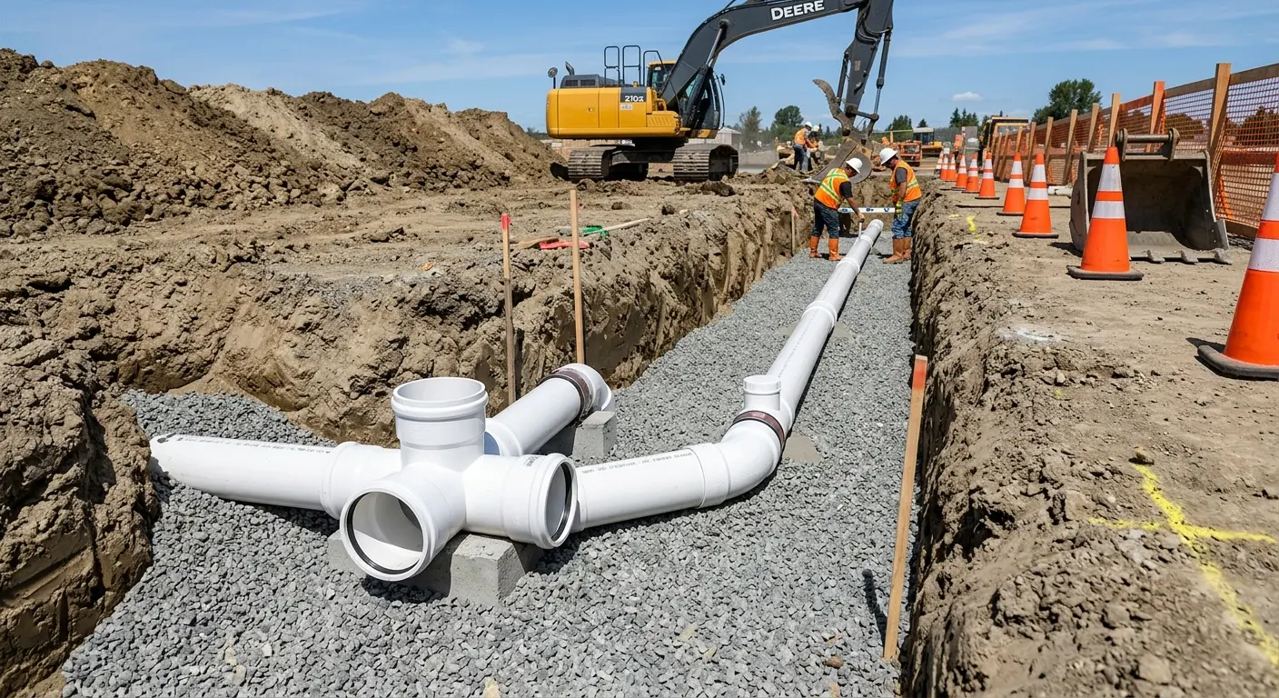 New PVC sewer pipe installation in open trench for Sewer Backup in Pueblo