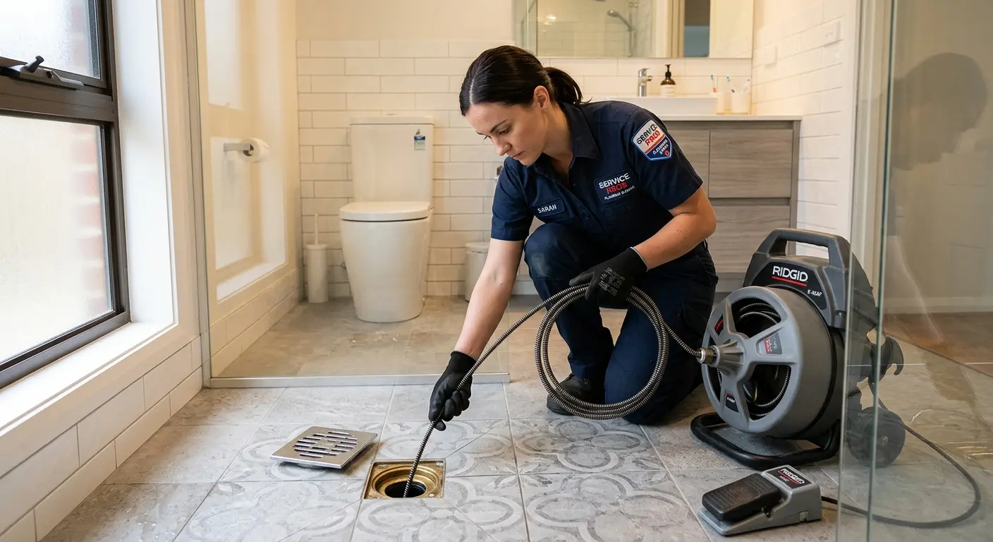 Technician clearing a bathroom floor drain for Drain Cleaning in Pueblo